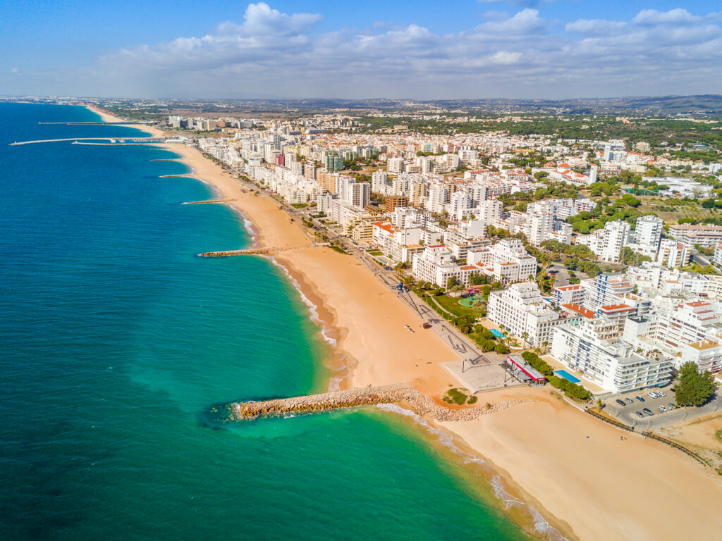 Aerial view of Quarteira beach and the seafront in the Algarve