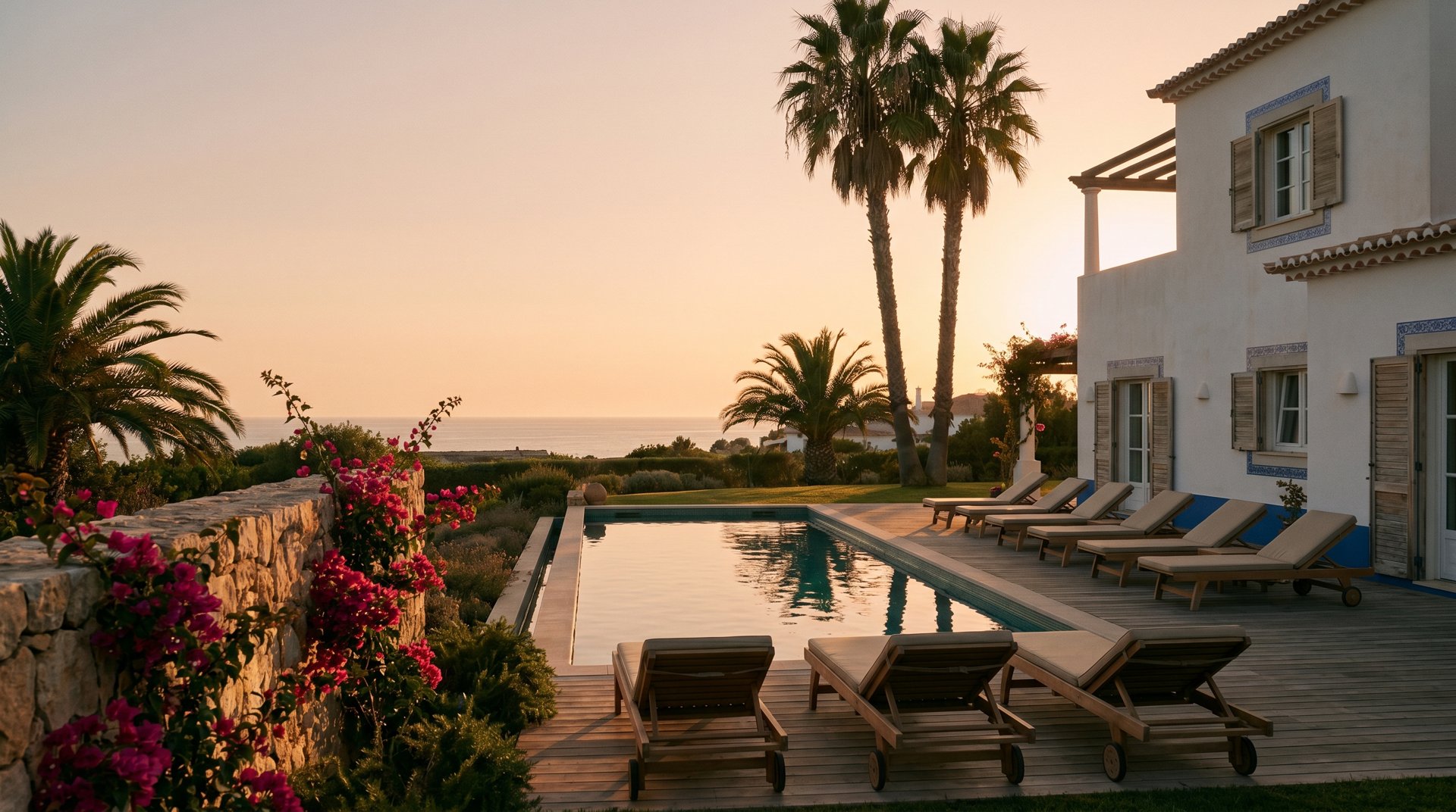 Algarve villa at golden hour with pool and sea view, the kind of property owners list on Airbnb