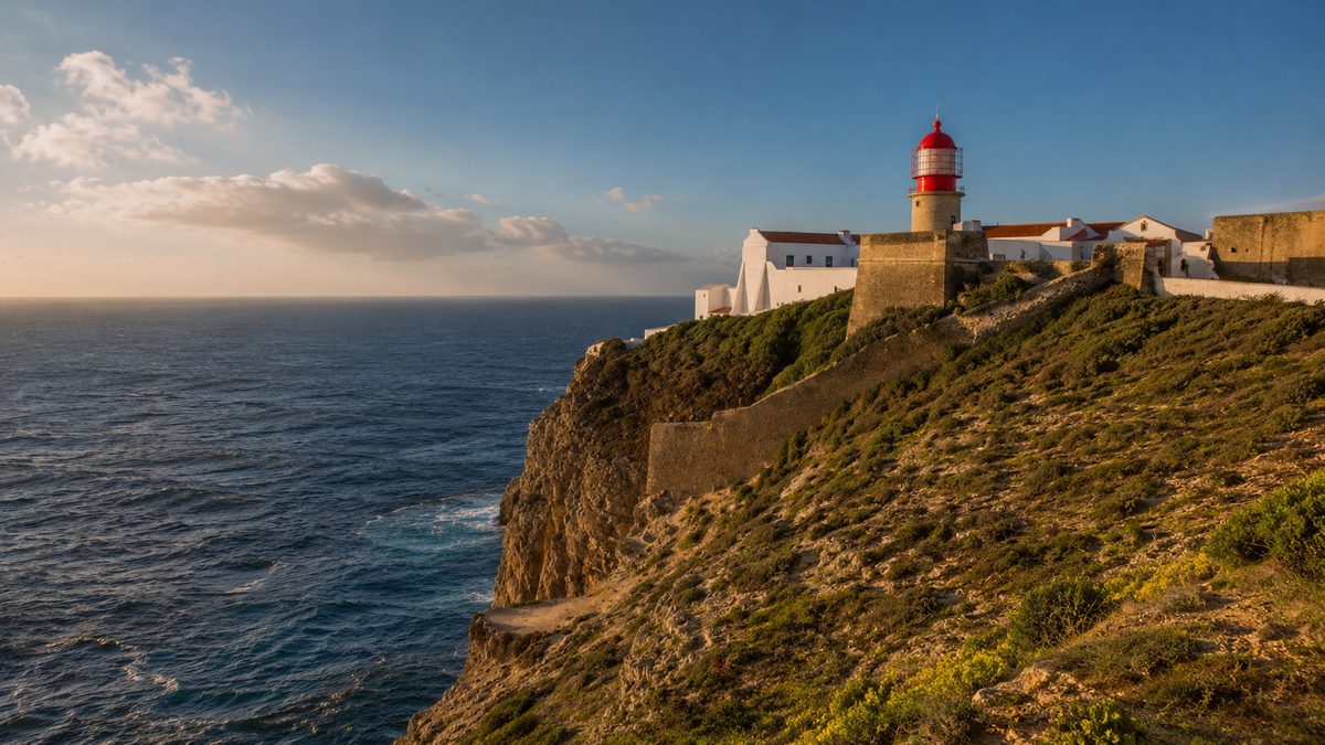 Cape St Vincent lighthouse on the cliffs at sunset, Sagres, Algarve