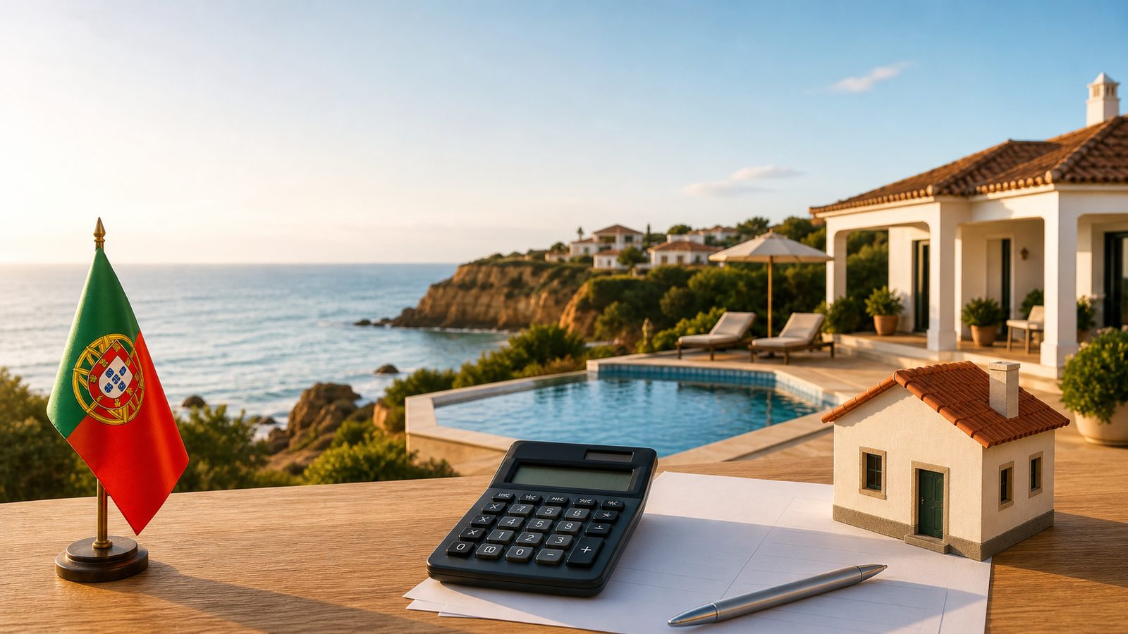 Portuguese flag, calculator and model villa with Algarve coast behind, illustrating property tax for foreign owners