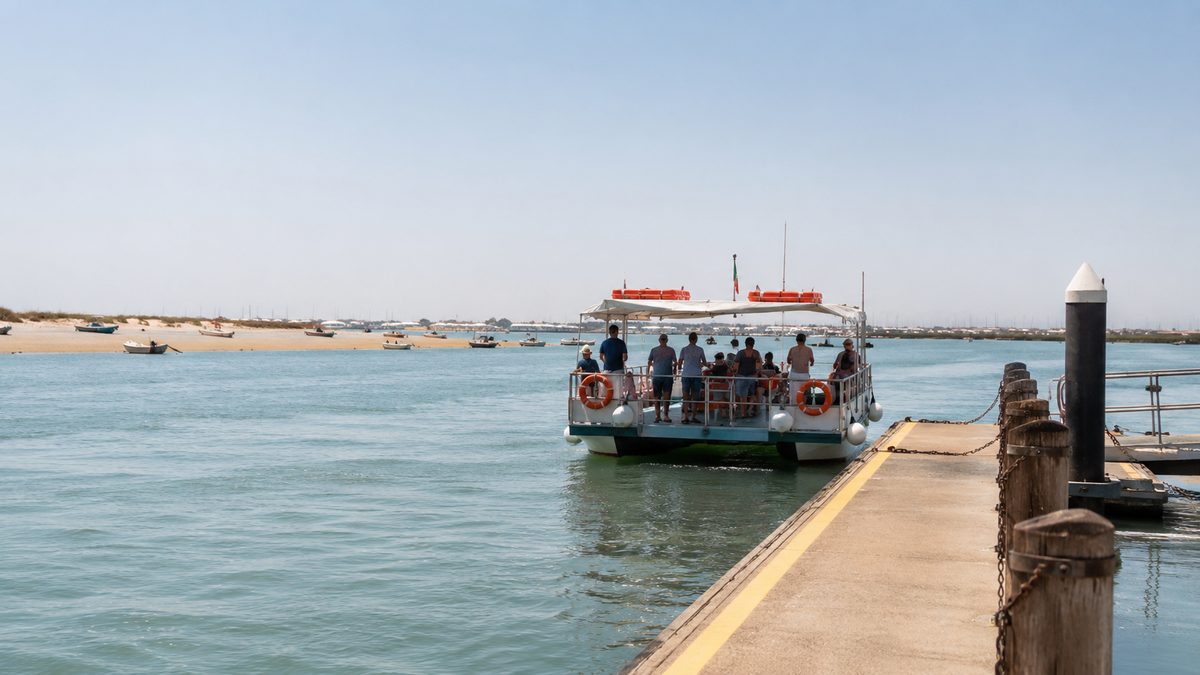 Small passenger ferry leaving Quatro Águas for Ilha de Tavira, Algarve
