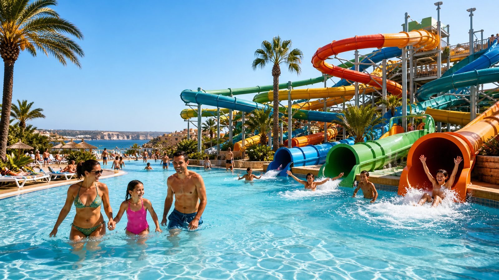 Family enjoying water slides at an Algarve water park with palm trees and sea view