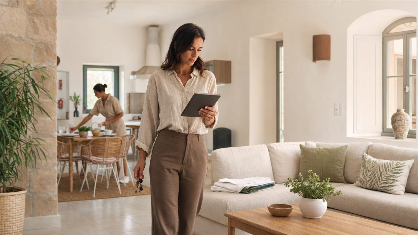 Property manager inspecting an Algarve holiday rental while the housekeeping team prepares the home