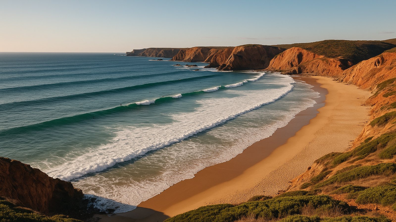 Praia do Amado beach framed by ochre cliffs on the wild west coast of the Algarve