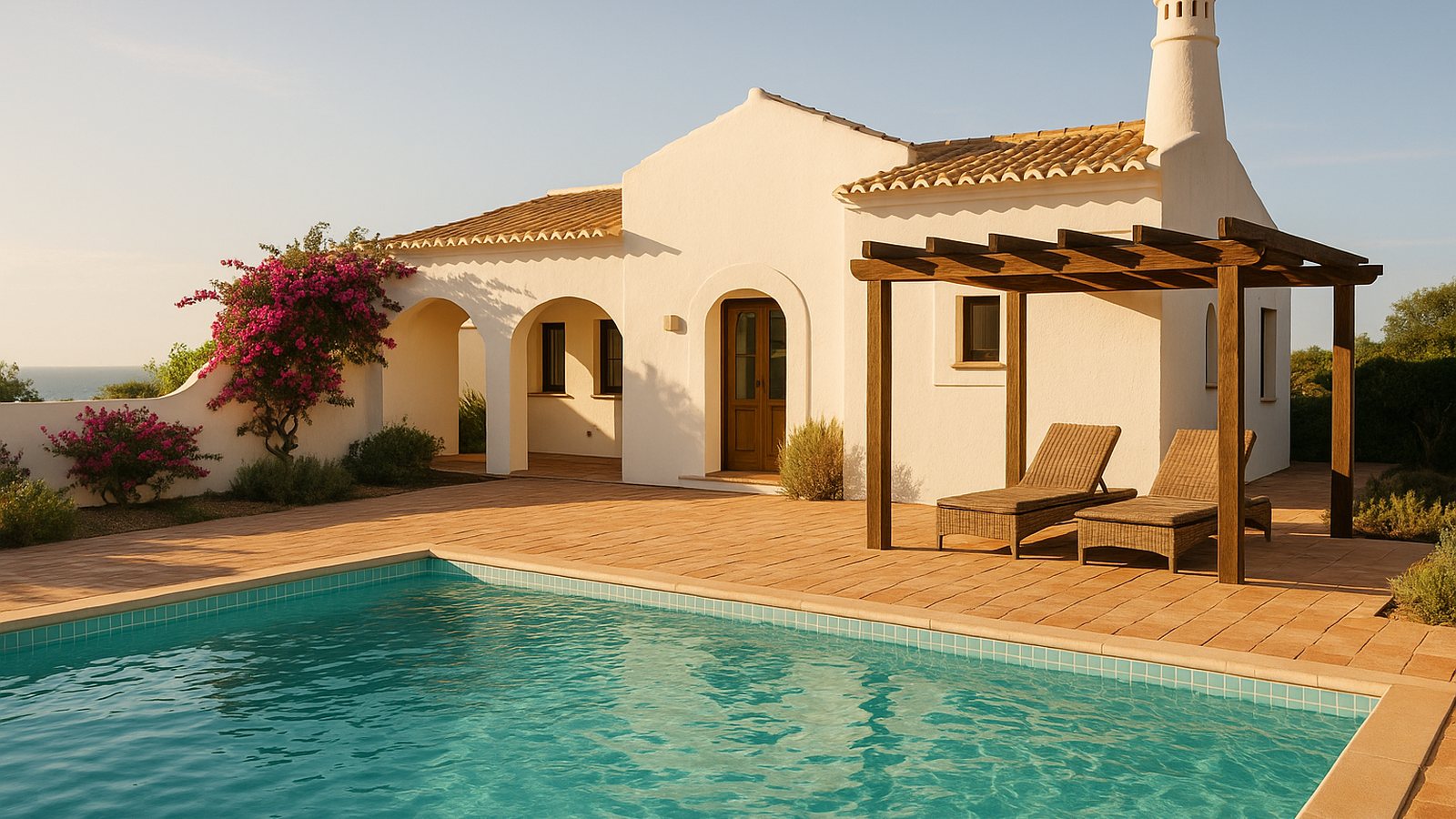 Private pool terrace of a whitewashed holiday villa in the central Algarve