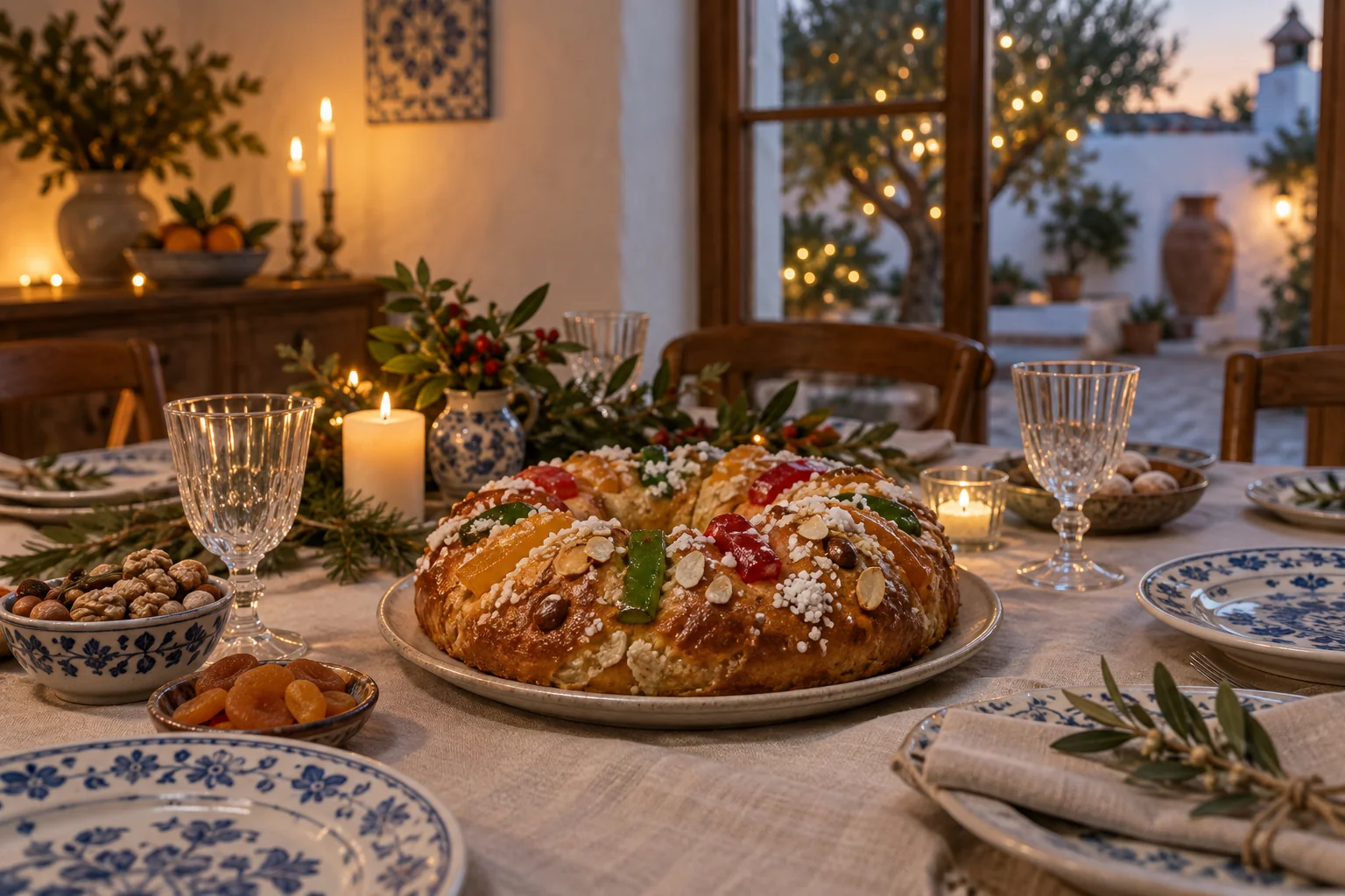 Bolo-rei numa mesa de Natal portuguesa com velas e loiça azul e branca