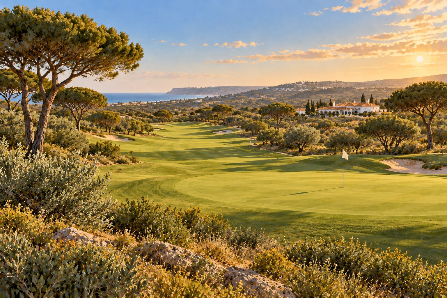 Editorial illustration of an Algarve-inspired golf course with pine trees in warm autumn light