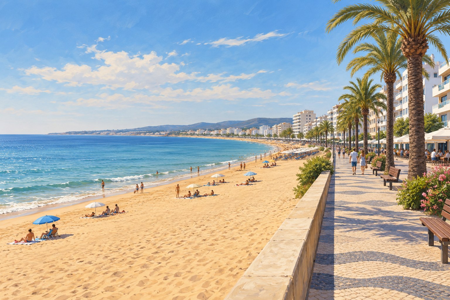 Illustration of a sandy beach and palm-lined promenade inspired by Quarteira