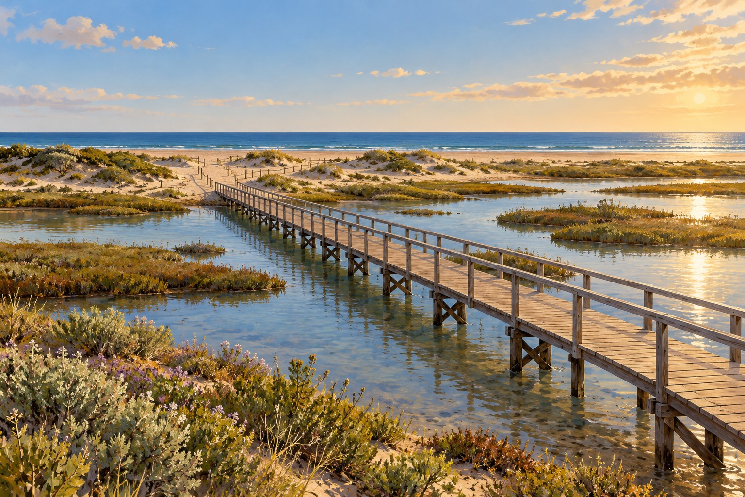 Illustration of a wooden crossing over a tidal lagoon inspired by Quinta do Lago