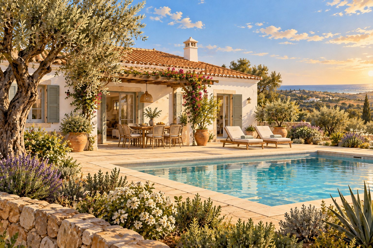 Editorial illustration of a cared-for Algarve-inspired villa with terrace, garden and pool